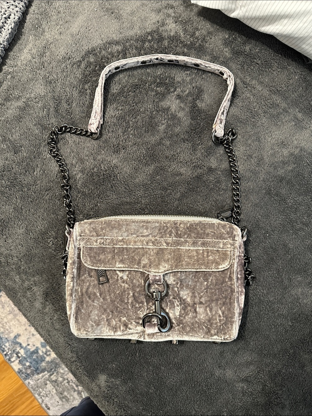 Rebecca Minkoff Crushed Velvet Crossbody Bag in Taupe Gray with Gunmetal Chain